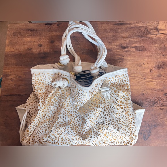 Vintage Braciano Purse - Bone with Gold Accents Zebra Interior - Picture 2 of 8